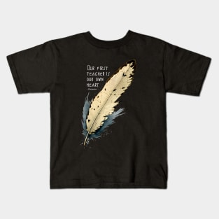 National Native American Heritage Month: Eagle Feather, "Our first teacher is our own heart" – Cheyenne Proverb on a Dark Background Kids T-Shirt